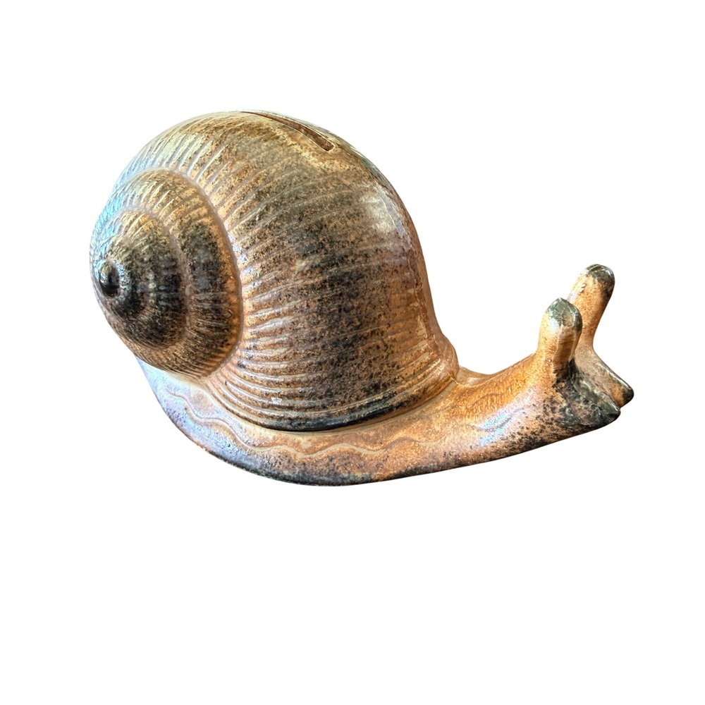 MCM Vtg. Snail Coin Bank Brown Good Ceramic Glazed Stone Whimsical Cottagecore